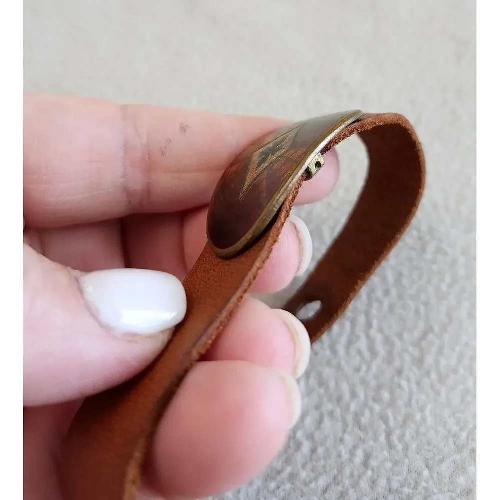 Vintage Austria Artisan Boho Tribal Bracelet Leather Brass Copper Wood Grain